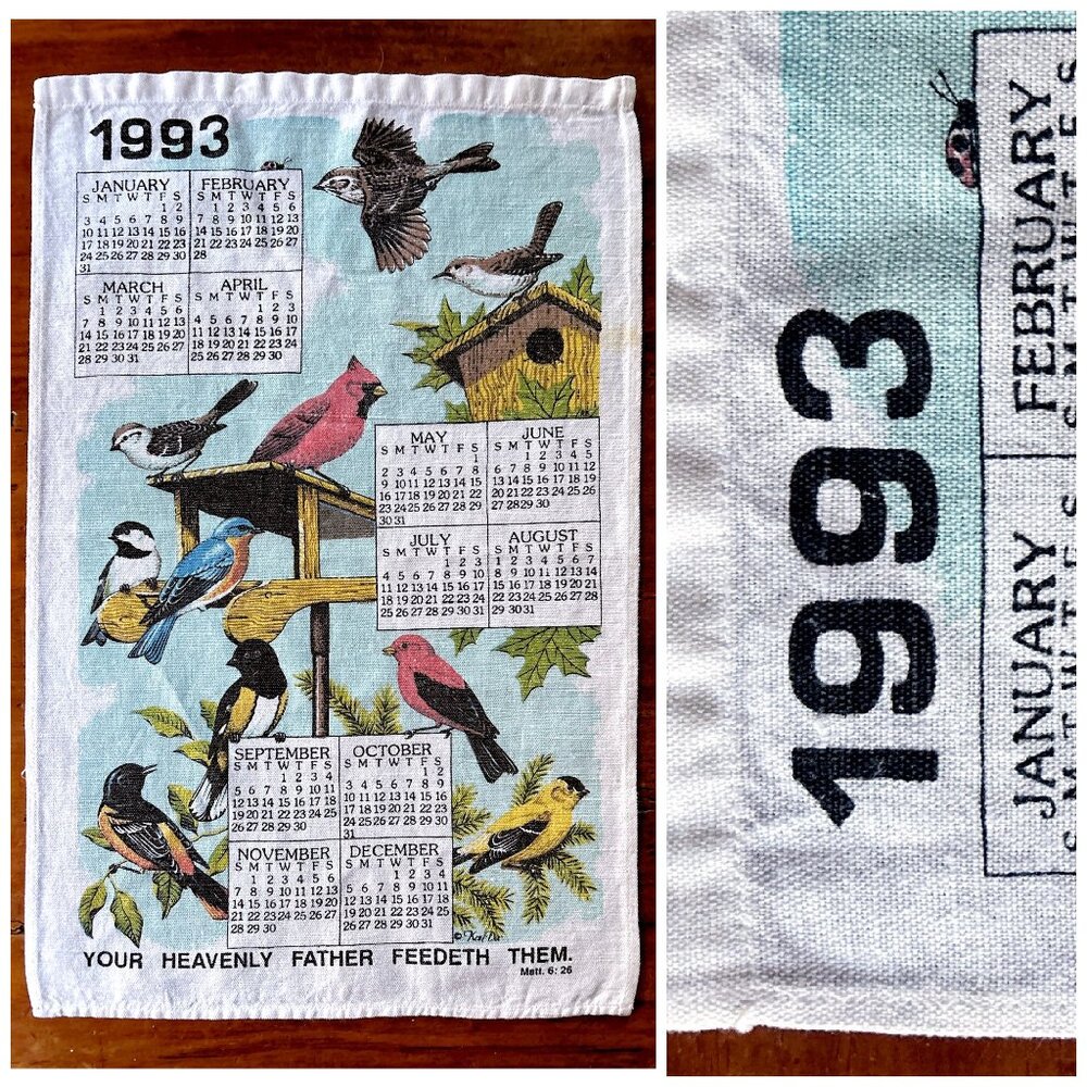 VTG 1993 Calendar Towel Songbirds on Feeder and Birdhouse Matthew 6:26 Verse
